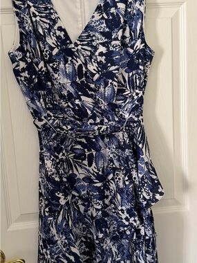 Tahari Navy and White Floral Maxi Wrap Dress